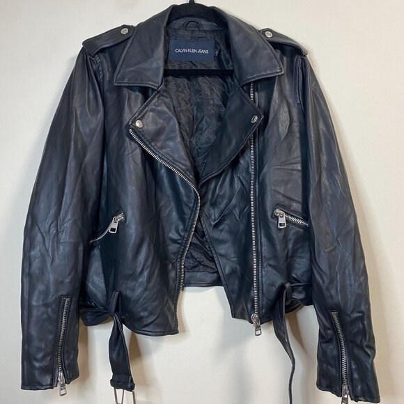 Calvin Klein Jeans Women's Black Faux Leather Jacket Large Moto Style Zip Pocket - Picture 5 of 14